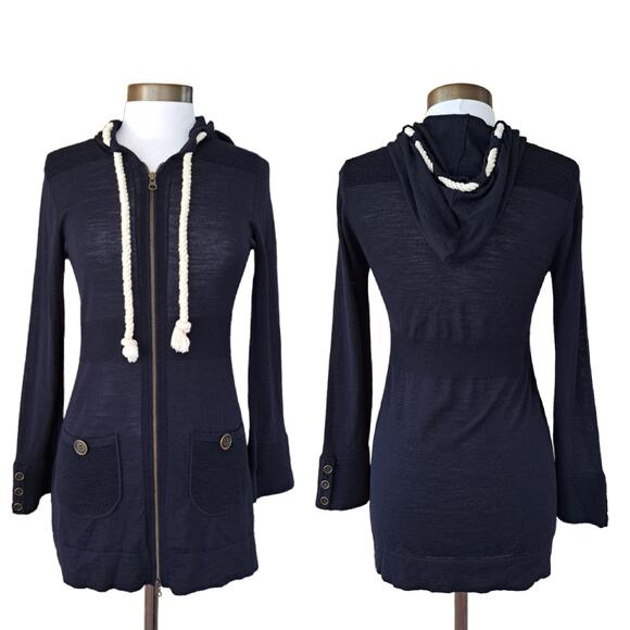 Nanette Lepore Navy Blue Wool Cardian Sweater Hoodie Nautical Size Small - Picture 1 of 9